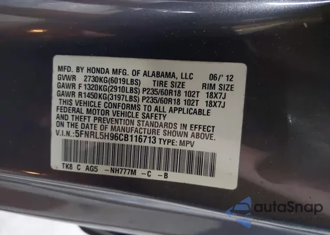 2012 Honda Odyssey Touring/Touring Elite z USA, uszkodzony, nr VIN 5FNRL5H96CB116713